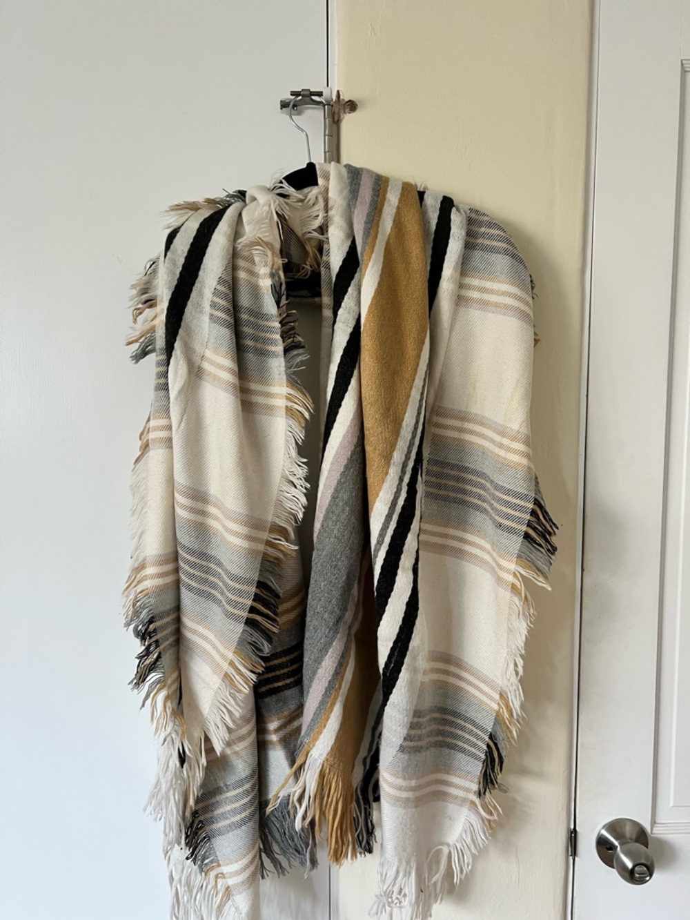 Cozy Fringed Plaid Blanket Scarf - Cream, Mustard & Gray